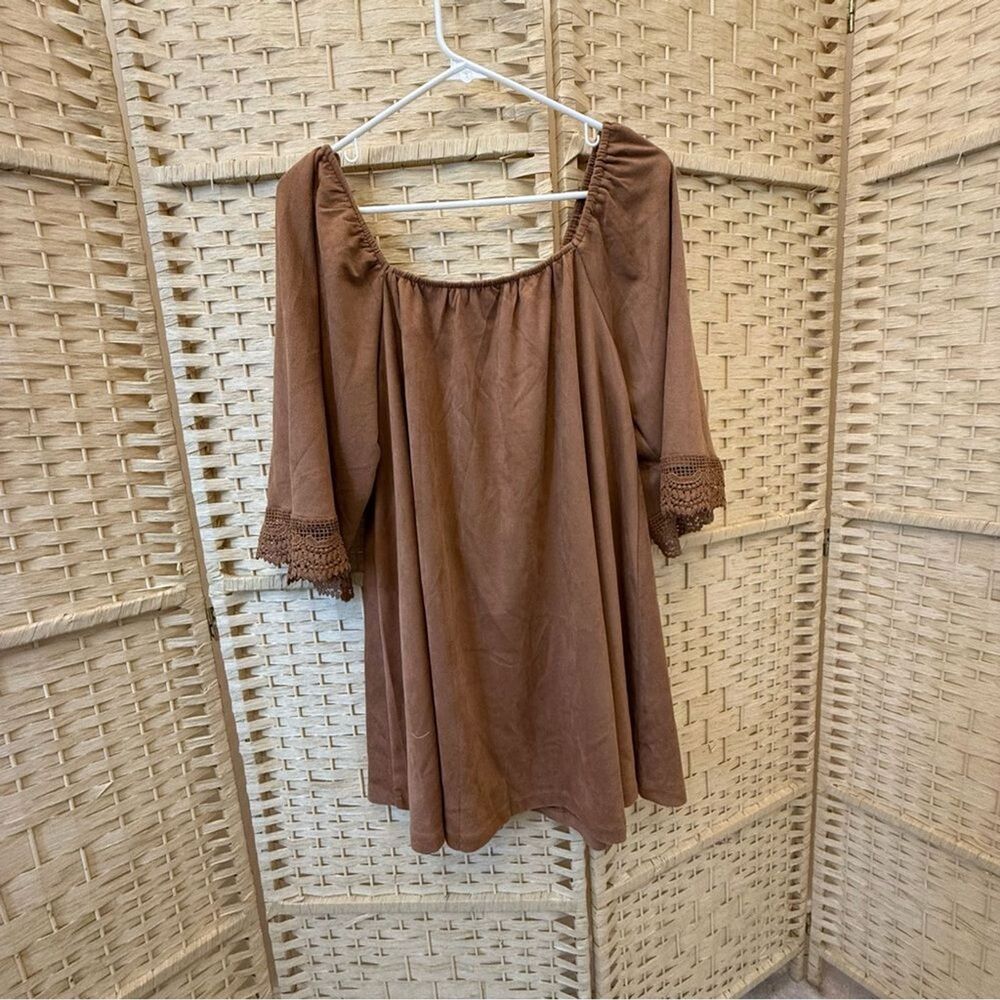 Flying Tomato Faux Suede Brown Embroidered Sleeves Loose fit  Mini Dress Small - Picture 8 of 9